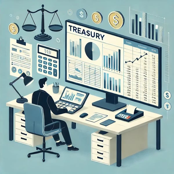 DALL·E 2024-06-25 12.54.49 - An illustration of a treasury professional at a desk, working on a computer with spreadsheets displayed on a large screen. The workspace is clean and